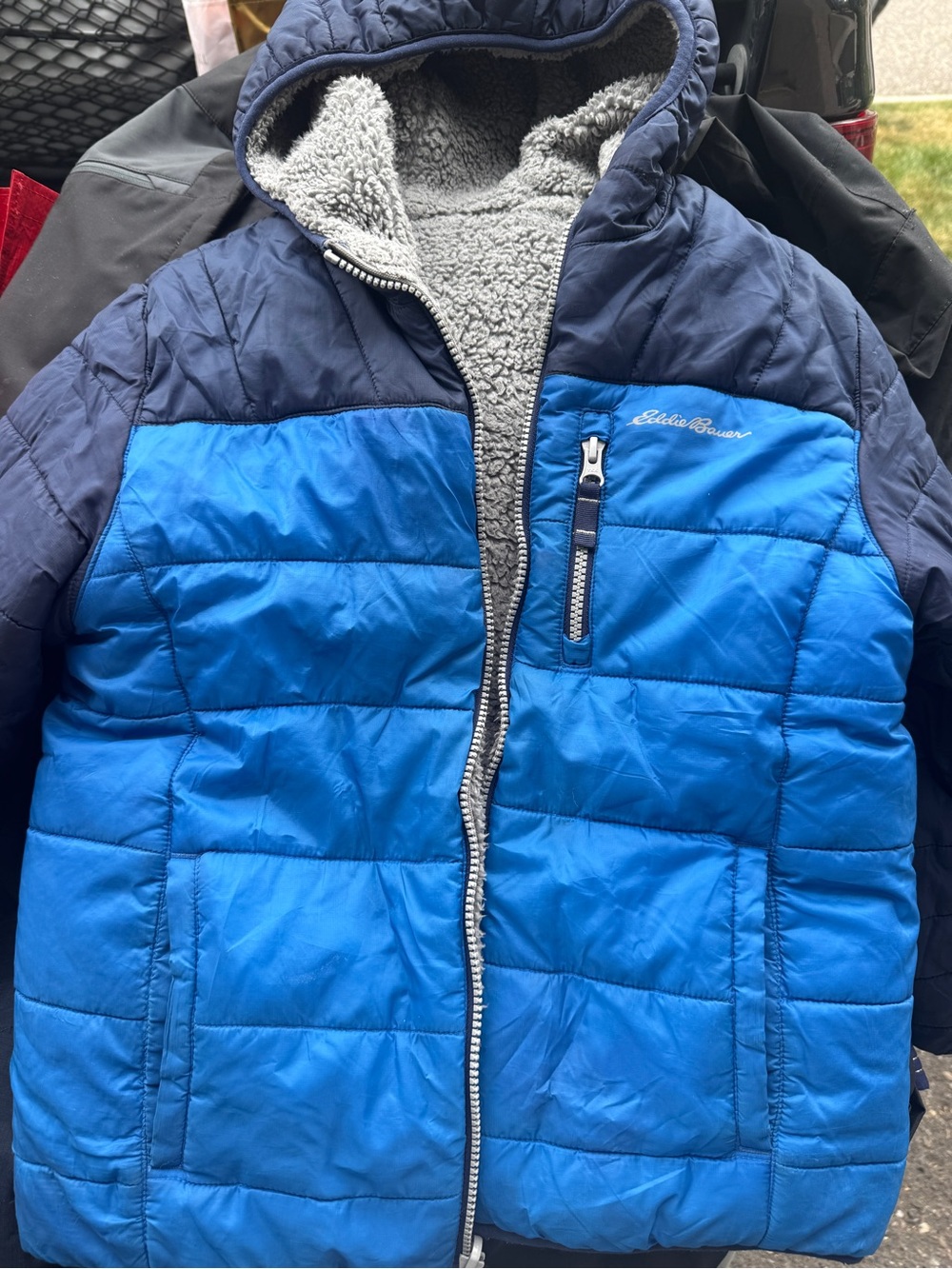 Eddie Bauer Bright Blue and Navy Kids Puffer Jacket with Sherpa Lining